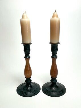 2 Vintage Farmhouse Style Candlesticks Candle Holders Wood and Painted Brass